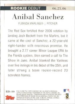 2006 Topps Updates & Highlights - Rookie Debut #RD-40 Anibal Sanchez Back