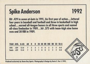 1992 Game Day Wichita State Shockers #3 Spike Anderson Back
