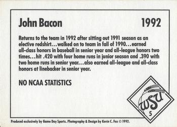1992 Game Day Wichita State Shockers #5 John Bacon Back