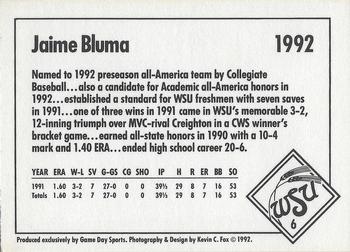 1992 Game Day Wichita State Shockers #6 Jaime Bluma Back