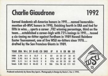 1992 Game Day Wichita State Shockers #15 Charlie Giaudrone Back