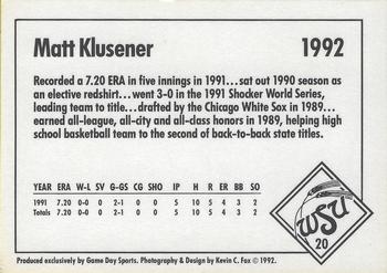 1992 Game Day Wichita State Shockers #20 Matt Klusener Back