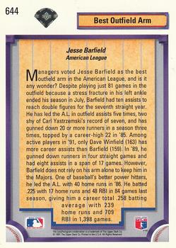 1992 Upper Deck #644 Jesse Barfield Back