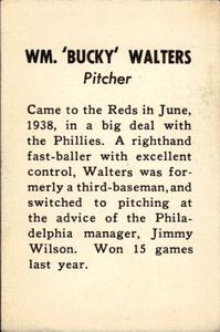 1939 Cincinnati Reds (W711-1) #NNO Bucky Walters Back