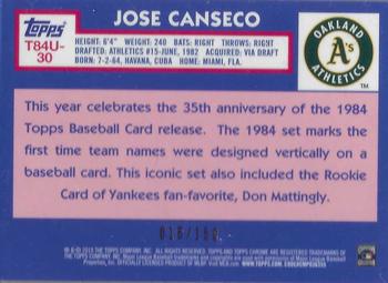 2019 Topps Update - 1984 Topps Baseball 35th Anniversary Chrome Silver Pack Blue Refractor #T84U-30 Jose Canseco Back