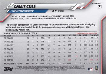 2020 Topps Opening Day #21 Gerrit Cole Back