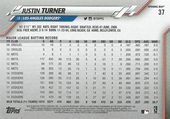 2020 Topps Opening Day #37 Justin Turner Back