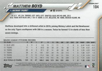 2020 Topps Opening Day #104 Matthew Boyd Back