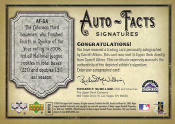 2006 Upper Deck Artifacts - Auto-Facts Signatures #AF-GA Garrett Atkins Back