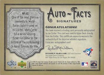 2006 Upper Deck Artifacts - Auto-Facts Signatures #AF-JC Joe Carter Back