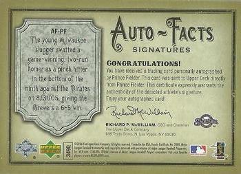 2006 Upper Deck Artifacts - Auto-Facts Signatures #AF-PF Prince Fielder Back
