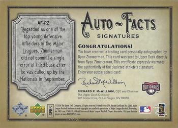 2006 Upper Deck Artifacts - Auto-Facts Signatures #AF-RZ Ryan Zimmerman Back