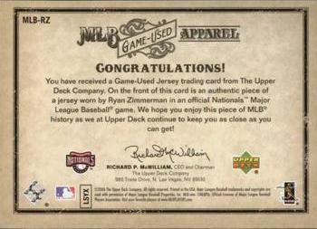2006 Upper Deck Artifacts - MLB Game-Used Apparel #MLB-RZ Ryan Zimmerman Back
