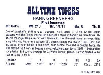 1980 TCMA All Time Detroit Tigers - Red #4 Hank Greenberg Back