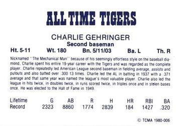 1980 TCMA All Time Detroit Tigers - Red #6 Charlie Gehringer Back