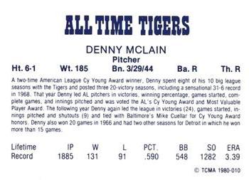 1980 TCMA All Time Detroit Tigers - Red #10 Denny McLain Back