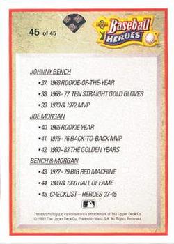 1992 Upper Deck - Baseball Heroes: Johnny Bench and Joe Morgan #45 Johnny Bench / Joe Morgan Back
