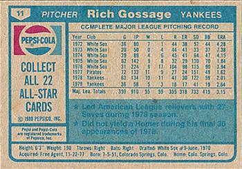 1980 Pepsi-Cola All-Stars #11 Rich Gossage Back