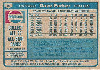 1980 Pepsi-Cola All-Stars #16 Dave Parker Back