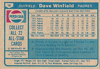 1980 Pepsi-Cola All-Stars #18 Dave Winfield Back
