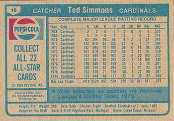 1980 Pepsi-Cola All-Stars #19 Ted Simmons Back