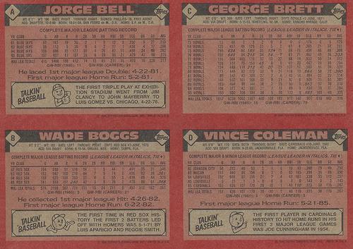 1986 Topps #A-D Jorge Bell / Wade Boggs / George Brett / Vince Coleman Back