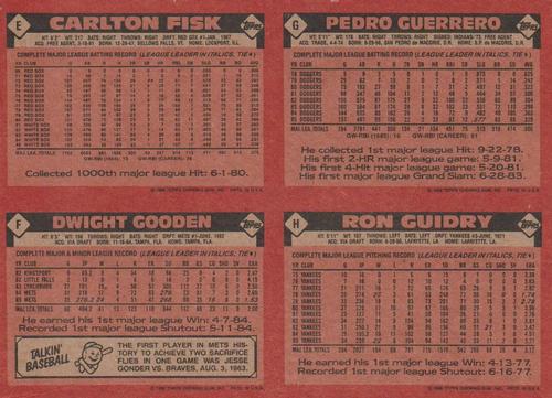 1986 Topps - Wax Box Bottom Panels #E-H Carlton Fisk / Dwight Gooden / Pedro Guerrero / Ron Guidry Back