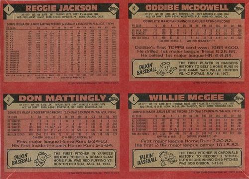 1986 Topps - Wax Box Bottom Panels #I-L Reggie Jackson / Don Mattingly / Oddibe McDowell / Willie McGee Back