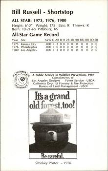 1987 Los Angeles Dodgers All-Stars Smokey #31 Bill Russell Back