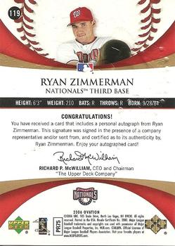 2006 Upper Deck Ovation - Ovation Rookies Gold Autographs #119 Ryan Zimmerman Back