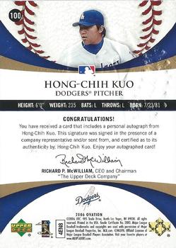 2006 Upper Deck Ovation - Ovation Rookies Gold Autographs #100 Hong-Chih Kuo Back