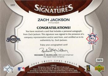 2006 Upper Deck Sweet Spot Update - Rookie Signatures Bat Barrel Blue Ink #177 Zach Jackson Back