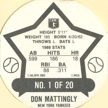1989 Weis Winners Discs #1 Don Mattingly Back