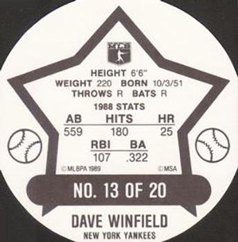 1989 Weis Winners Discs #13 Dave Winfield Back