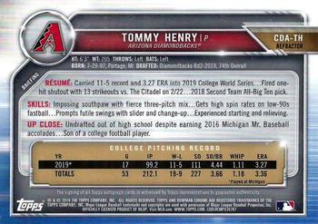 2019 Bowman Draft - Chrome Draft Pick Autographs Refractor #CDA-TH Tommy Henry Back
