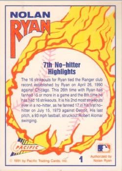 1991 Pacific Nolan Ryan Texas Express I - 7th No Hitter Silver Holofoil #1 Nolan Ryan Back