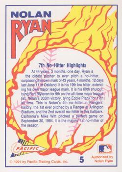 1991 Pacific Nolan Ryan Texas Express I - 7th No Hitter Silver Holofoil #5 Nolan Ryan Back