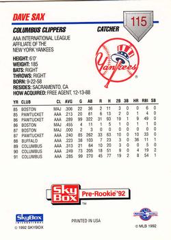 1992 SkyBox Team Sets AAA #115 Dave Sax Back