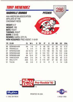 1992 SkyBox Team Sets AAA #286 Tony Menendez Back