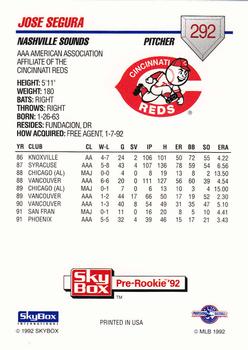 1992 SkyBox Team Sets AAA #292 Jose Segura Back