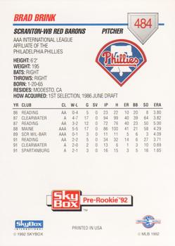 1992 SkyBox Team Sets AAA #484 Brad Brink Back
