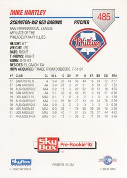 1992 SkyBox Team Sets AAA #485 Mike Hartley Back