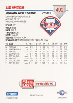 1992 SkyBox Team Sets AAA #490 Tim Mauser Back