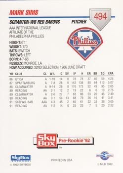 1992 SkyBox Team Sets AAA #494 Mark Sims Back