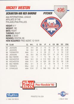 1992 SkyBox Team Sets AAA #496 Mickey Weston Back