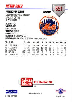 1992 SkyBox Team Sets AAA #551 Kevin Baez Back