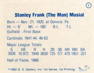 1982 G.S. Gallery All-Time Greats #1 Stan Musial Back