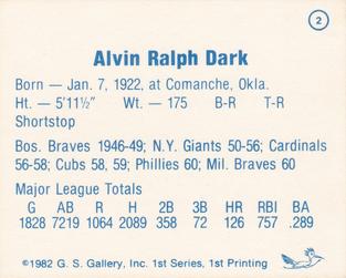 1982 G.S. Gallery All-Time Greats #2 Alvin Dark Back