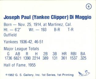 1982 G.S. Gallery All-Time Greats #6 Joe DiMaggio Back
