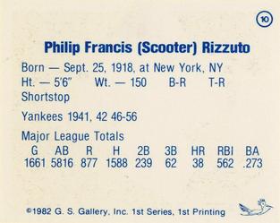 1982 G.S. Gallery All-Time Greats #10 Phil Rizzuto Back
